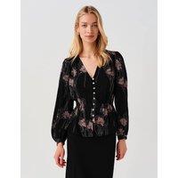 Ghost Crepe Embroidered V-Neck Button Through Blouse Black Mix