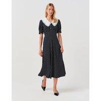 Ghost Crepe Polka Dot Midi Waisted Dress Navy Mix