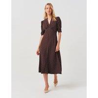 Ghost Polka Dot V-Neck Midi Tea Dress Brown Mix