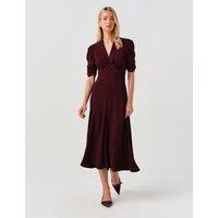 Ghost Crepe V-Neck Midi Tea Dress Burgundy