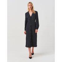Ghost Crepe Polka Dot V-Neck Midi Waisted Dress Navy Mix
