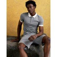 River Island Slim Fit Pinstripe Half Zip Polo Shirt Grey