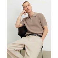 River Island Pure Cotton Textured Knitted Polo Shirt Stone