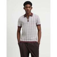 River Island Checked Half Zip Knitted Polo Shirt Brown Mix