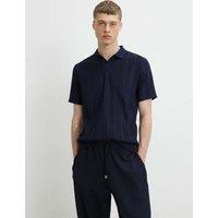 River Island Textured Open Neck Knitted Polo Shirt Navy