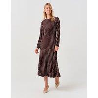 Ghost Polka Dot Round Neck Midi Waisted Dress Brown Mix