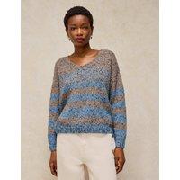 White Stuff Textured Striped V-Neck Jumper with Wool Brown Mix