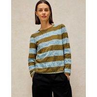 White Stuff Pure Cotton Striped Floral Crew Neck Top Blue Mix
