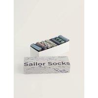 Seasalt Cornwall 7 Pack Striped & Fish Socks Gift Box Blue Mix