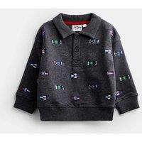 JoJo Maman Bb Car Embroidered Half Button Sweatshirt Grey Marl