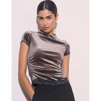 Nobody's Child Velvet High Neck Fitted Lace Trim Top Grey
