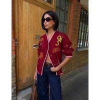 Never Fully Dressed Embroidered V Neck Button Front Relaxed Cardigan Burgundy Mix