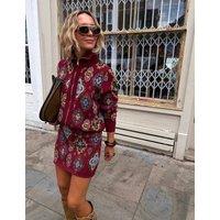 Never Fully Dressed Printed Zip Up V Neck Relaxed Cardigan Red Mix