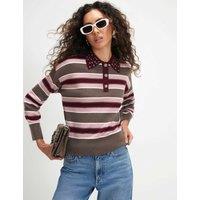 River Island Striped Embellished Polo Shirt Pink Mix