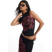 River Island Floral Mesh Draped Off The Shoulder Top Black Mix
