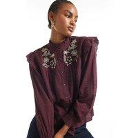 River Island Pure Cotton Embroidered High Neck Blouse Purple Mix