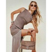 River Island Faux Suede Flap Front Shoulder Bag Grey
