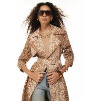 River Island Deer Print Belted Waisted Collared Coat Brown Mix