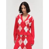 Chinti & Parker Wool Rich Jacquard V Neck Cardigan with Cashmere Red