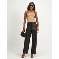 River Island Leather Look Slim Fit Cropped Trousers Dark Brown