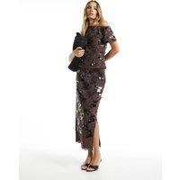 River Island Lace Sequin Maxi Pencil Skirt Brown