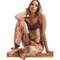 River Island Cotton Rich Animal Print Lace Trim Pyjama Set Brown Mix