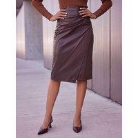 Roman Leather Look Ruched Wrap Skirt Chocolate