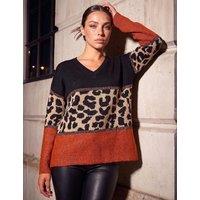 Roman Petite Animal Print Colour Block V-Neck Jumper Orange Mix