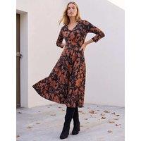 Roman Leaf Print Midi Wrap Dress Tan