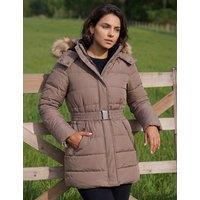 Roman Padded Hooded Belted Faux Fur Detail Coat Chocolate
