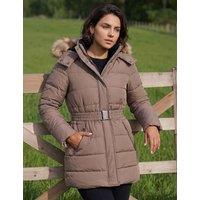 Roman Padded Hooded Belted Faux Fur Detail Coat Chocolate