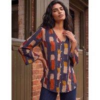 Roman Cotton Rich Abstract Print V-Neck Blouse Navy Mix