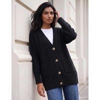 Roman Ribbed V-Neck Button Front Longline Cardigan Black