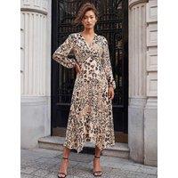 Roman Animal Print Twist Front Midi Skater Dress Natural Mix
