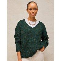 White Stuff Textured Flecked V-Neck Jumper with Wool Dark Green