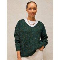 White Stuff Textured Flecked V-Neck Jumper with Wool Dark Green