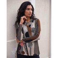 Roman Abstract Print Button Neck Tunic Top Brown