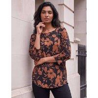 Roman Stretch Jersey Leaf Print Raglan Sleeve Top Camel Mix