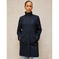 White Stuff Tweed Funnel Neck Overcoat with Wool Navy Mix