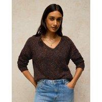 White Stuff Textured Flecked V-Neck Jumper with Wool Dark Brown