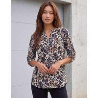 Roman Animal Print Collarless Blouse Taupe