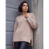 Roman Chunky V-Neck Split Hem Longline Jumper Beige