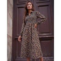 Roman Animal Print Shirred Midi Shirt Dress Tan