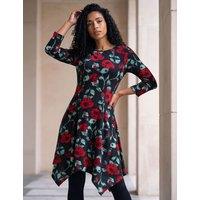 Roman Floral Knee Length Skater Dress Black