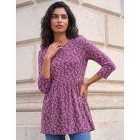 Roman Jersey Leaf Print Gathered Waist Tunic Top Purple