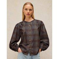 White Stuff Pure Cotton Cord Checked Blouse Brown