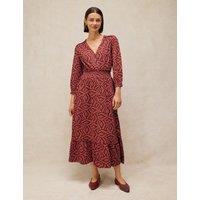 White Stuff Pure Cotton Printed Shirred Detail Midi Dress Plum