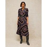 White Stuff Rua Cotton Blend Jersey Printed Midi Shirt Dress Navy Mix