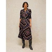 White Stuff Rua Cotton Blend Jersey Printed Midi Shirt Dress Navy Mix