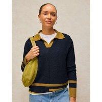 White Stuff Cotton with Merino Wool Collared Jumper Navy Mix
